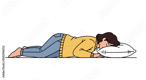 Flat vector illustration of a relaxed woman napping on a pillow on the floor, perfect for National Lazy Day or cozy relaxation.