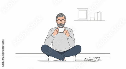 Man relaxing at home, sitting cross-legged, enjoying a hot drink. Cozy morning leisure, comfort, and quiet downtime illustration for lazy day concepts.