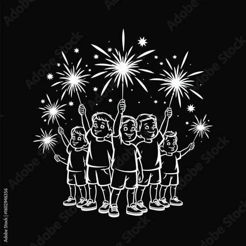 Children holding sparklers celebrating with fireworks vector