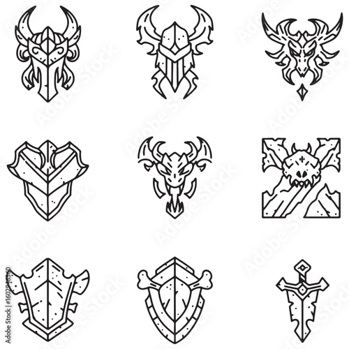 Collection of ornate shields and fantasy weaponry black line art vector illustration