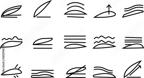 Aerodynamics line set icons, flight and air motion symbol collection, aviation and airflow isolated graphic group in minimal outline style, airplane, jet, thrust, lift, drag, streamline vector