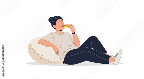 Relaxed person eating snack on beanbag chair. Cozy illustration for leisure, comfort, unwinding, and a lazy day.