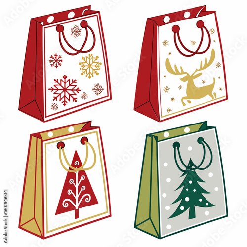 Four christmas themed gift bags with different designs like snowflakes reindeer and christmas trees shown