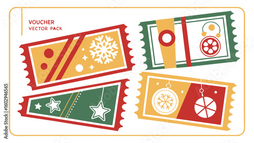 Illustration of four stylized christmas voucher tickets with festive designs and varied color schemes present