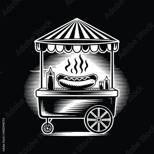 Hot dog cart with steaming sausage and condiments food street food