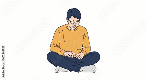 Illustration of a man sitting cross-legged on the floor, looking down. Relaxed, contemplative pose, ideal for leisure, quietude, or downtime.
