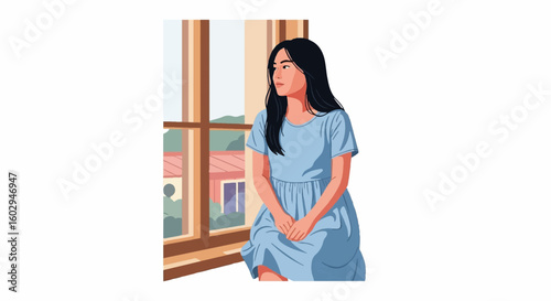 Peaceful young woman sitting by window, looking out thoughtfully, enjoying quiet leisure time and relaxation at home.
