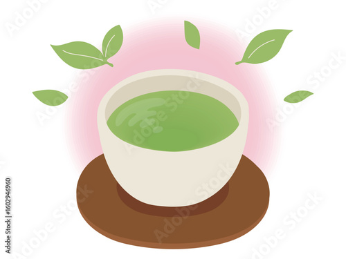 ピンクのほんわかした雰囲気の緑茶のイラスト