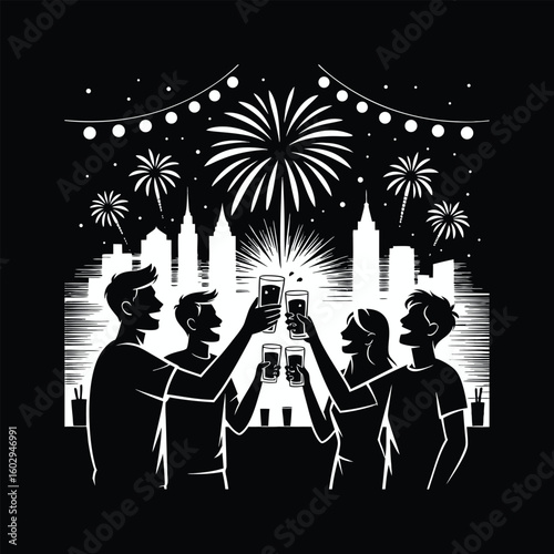 People celebrating with drinks and fireworks over city skyline celebration