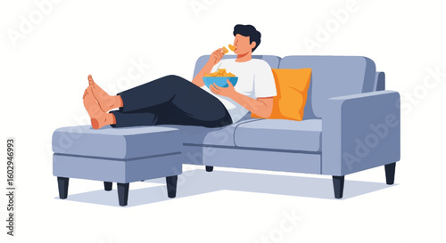 Cozy person relaxing on a sofa with feet up, enjoying snacks. Home comfort and leisure illustration for a lazy day.