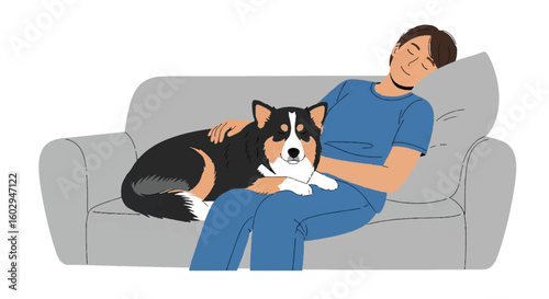 Peaceful man resting on a comfortable sofa with his beloved dog, embodying a calm and lazy day. Ideal for National Lazy Day.