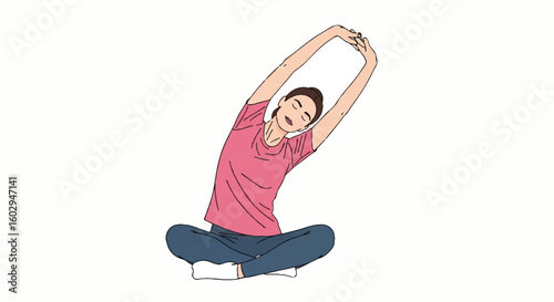 Relaxed morning stretch illustration: woman gently stretching arms overhead in comfortable seated pose, promoting wellness & flexibility.