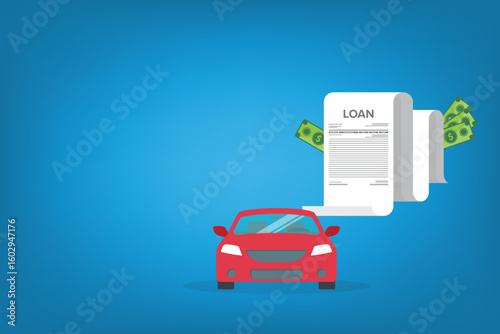 Car loan document, report. Bank paper agreement form list approved with automobile icon, vehicle financial, car dealership legal deal.	