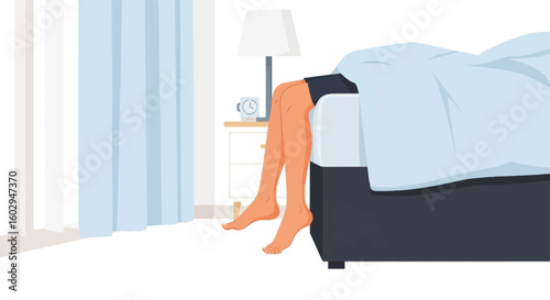 Person's legs dangling from bed on a lazy morning, embracing comfort and relaxation in a cozy bedroom. Perfect for slow starts and leisure.
