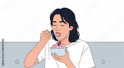 Illustration of a relaxed person enjoying a bowl of pink ice cream with a strawberry topping, perfect for a lazy day