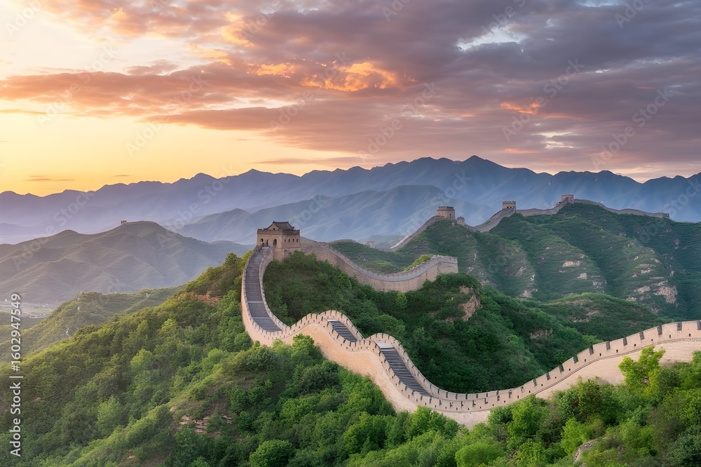 Majestic Great Wall of China winding through lush green mountains under a beautiful sunrise sky with dramatic clouds Majestic Great Wall of China winding through lush green mountains under a beautiful sunrise sky with dramatic clouds
