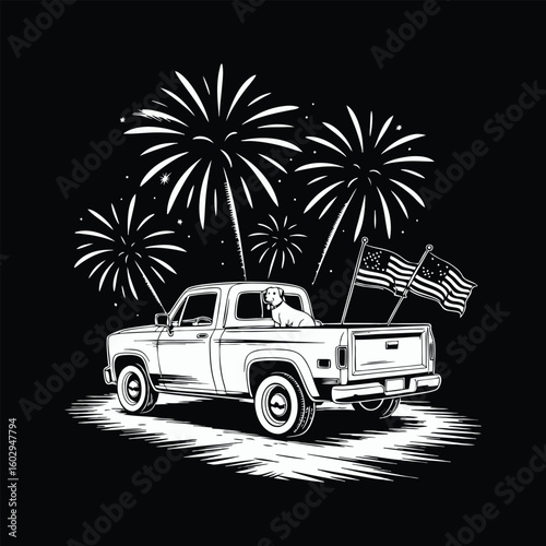 White dog in truck with fireworks and flags pickup truck american flag