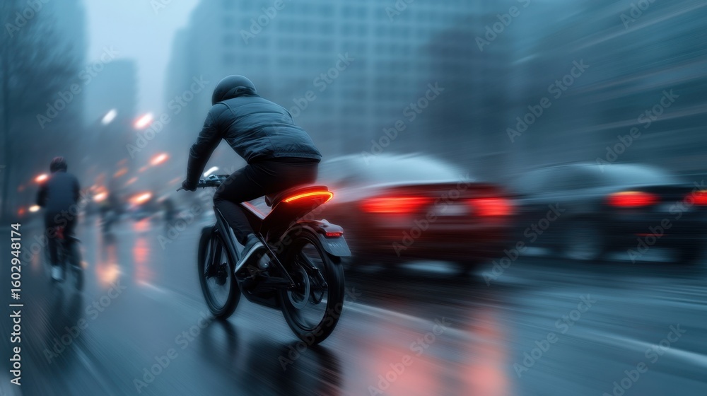 Fototapeta premium Man riding e-bike in rainy urban traffic at dusk