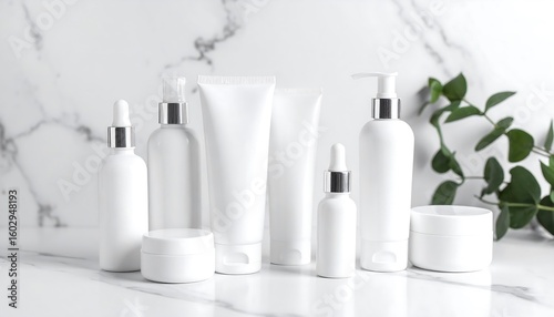 White skincare product bottles and jars arranged on a marble surface with green leaves in studio light