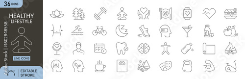 Healthy Lifestyle icons set. Includes icons for apple, running, yoga, heart, water bottle, vegetables, fitness, bicycle, and gym equipment. Perfect for infographics, mobile apps, and web design.