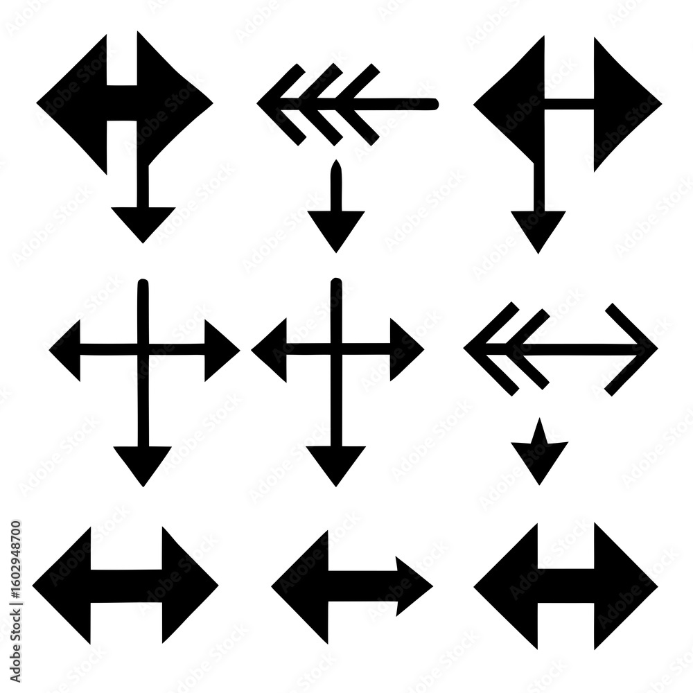 Set of Black Arrow Icons Pointing in Different Directions on White Background Set of Black Arrow Icons Pointing in Different Directions on White Background