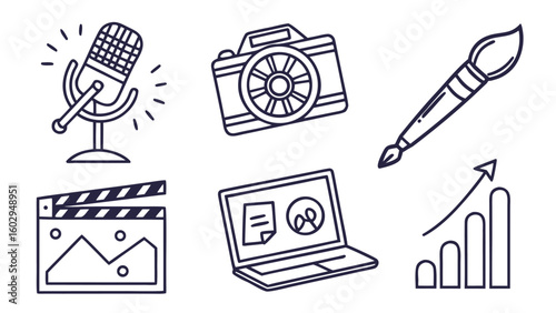 Illustration of microphone camera paintbrush clapperboard laptop and graph in outline style design one hundred