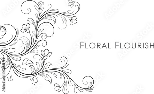 Elegant floral flourish design features delicate flowers and swirling vines, perfect for adding a touch of sophistication and nature-inspired beauty to any creative project.