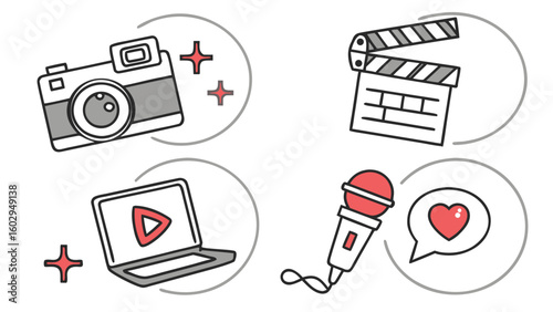 Illustration of media elements including a camera, clapperboard, laptop, and microphone icons