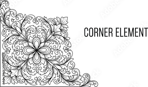 Elegant floral corner design showcases intricate botanical details and swirling leaf patterns, perfect for adding a touch of classic sophistication to any creative project or design element.