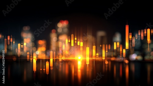 Night Cityscape Financial Market Candlestick Chart Graphic:  Abstract Stock Trading Data Overlay
