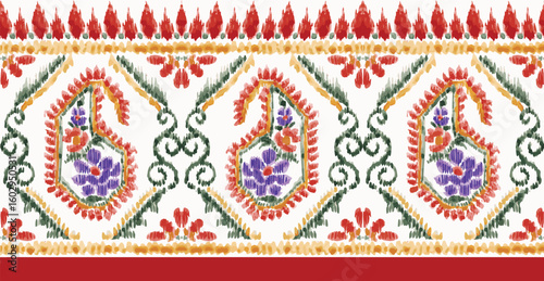 traditional seamless paisley border design. hand drawn ikat border vector. Seamless Geometric Paisley border Pattern. mughal art.