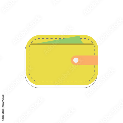 A stylized yellow wallet with rounded corners a green banknote and an orange snap closure on a white background