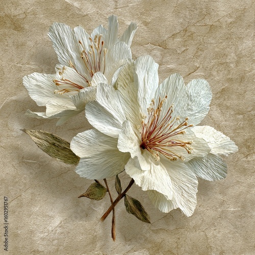 A white flower with a light blue background, a textured paper-like feel, a three-dimensional effect, a single object, a white peony flower, and an oil painting style.
