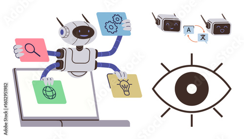 Robot on laptop holding cards with icons for web search, creative ideas, AI settings, and language translation. Ideal for technology, automation, AI, innovation, productivity global connection