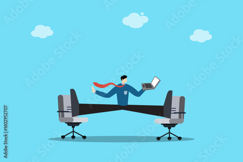 Flexible businessman multitasking between desks while holding a laptop. Concept of agility, time management, and work-life balance.