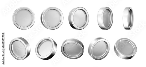 3D silver coin icons set with a chrome metallic effect. Render of chrome coins, game token, digital currency icons or silver reward medals. 3D vector illustration.