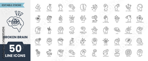 Broken Brain outline icon set. Containing brain, mind problem, brain symptom, headache, mental and more. Vector illustration