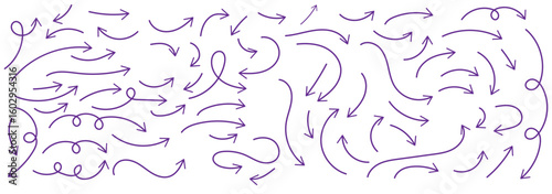 Hand drawn thin line arrows set. Many vector curvy arrow set