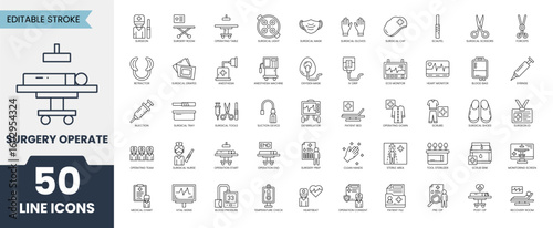 Surgery operation line icon set. Containing scalpel, gloves, mask, monitor, tools, gown, iv, lamp and more. Vector illustration