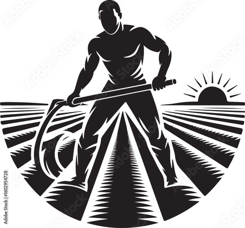 Man plowing field silhouette vector illustration design