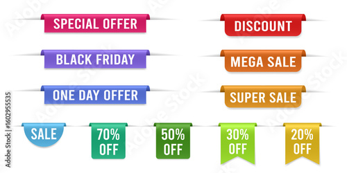 Set of multicolored bookmarks with sale announcement. Super sale, mega sale. One day offer. Discount voucher. Black friday special offer label.