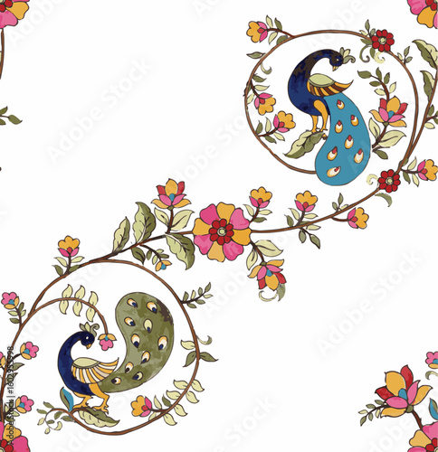 Indian Kalamkari style peacock Design, Digital Print Element, Motif Design For Textile design, indian style saree design, madhubani kalamkari. traditional seamless peacock print.
