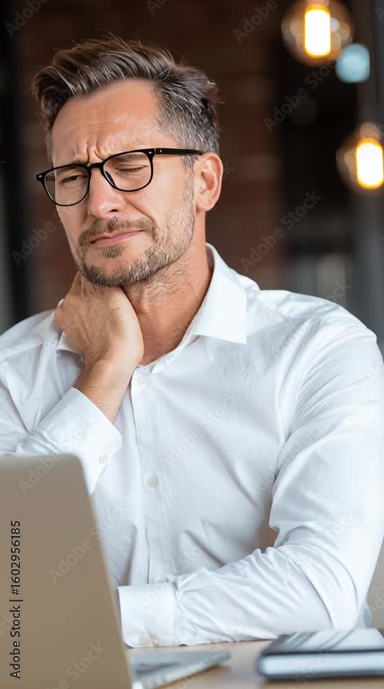 A man in a white shirt and glasses is holding his neck in pain while working on a laptop in an office setting, vertical video A man in a white shirt and glasses is holding his neck in pain while working on a laptop in an office setting, vertical video