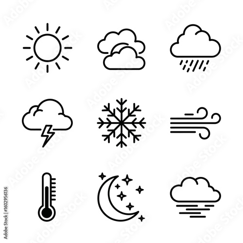 Weather Icons Representing Various Climatic Conditions, Weather Condition Symbols Illustrating Diverse Meteorological Phenomenon