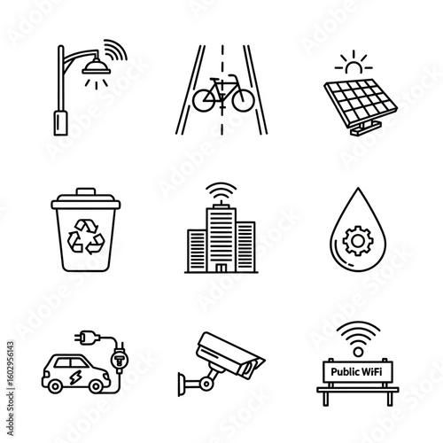 Smart city infrastructure and amenities, modern urban ecosystem with technology and sustainability elements , Smart city icons with renewable energy, connectivity, and environment friendly features