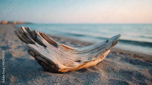 Driftwood rests on a sandy beach at sunset.