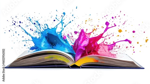 Open book with vibrant color splashes