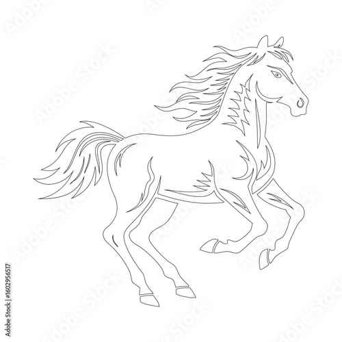 Prancing Horse Silhouette with Flowing Mane and Ornamental Line Patterns