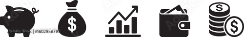 Finance and Money Icons Set in Black Silhouette Style