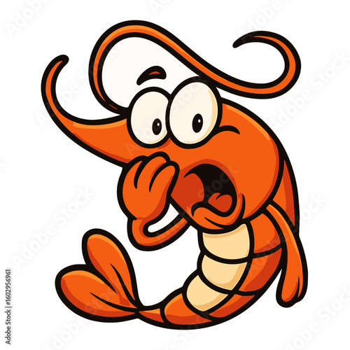 A startled cartoon shrimp gasps in disbelief